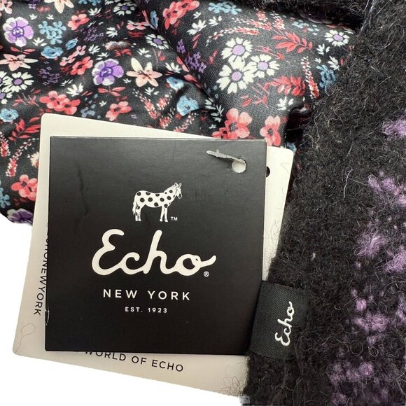 ECHO Wool Blend Scarf Black Plaid Reverse Floral Fringed NWT - Picture 4 of 10